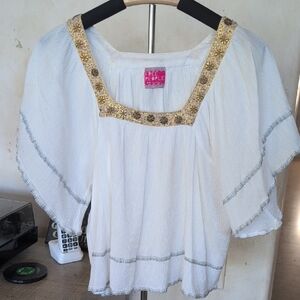 Free People White Blouse with Gold and Silver Details